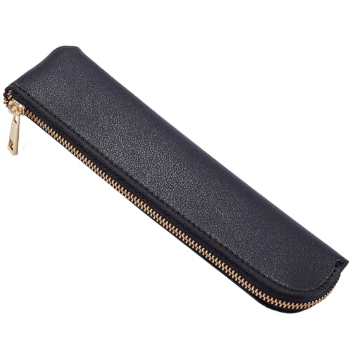 GORGECRAFT Estuche para Lápices de Diseño Delgado Suave Pequeño Y Estético de Piel Sintética Bolsa de Almacenamiento de Papelería Bolsa de Cosméticos Portátil con Cremallera de Color Sólido Negro
