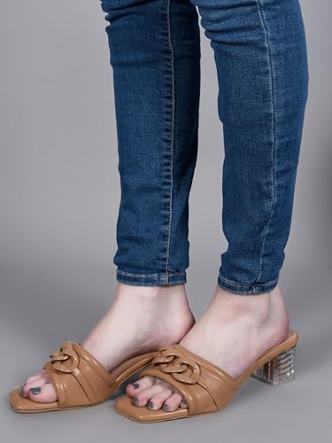 Image of Women's Slip On-On Heeled Sandals with Transparent Block Heels & Decorative Chain Strap Signora103| Fashionable Summer Slides Trendy Chain Strap Signora103
