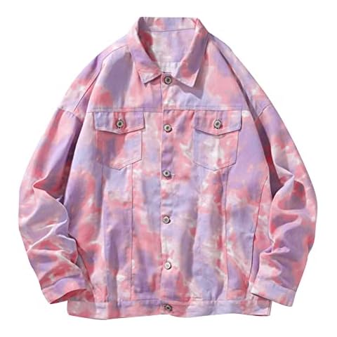 Men's Jean Denim Jackets Oversize Long Sleeve Original Trucker Tie Dye Jacket Button Down Pockets Coats Varsity Streetwear Hip Hop Outerwear Loose Casual Male Jean Coat UK Cover
