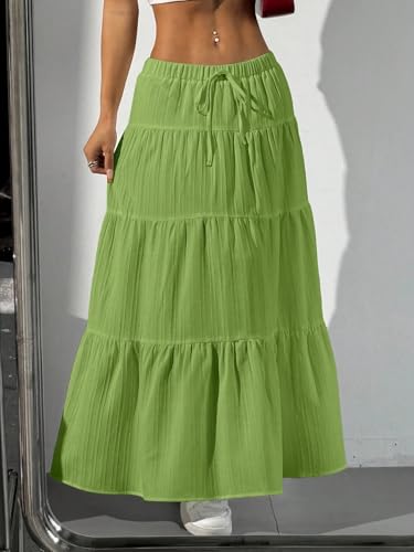 Solid Color Waist Tie Ruffle Hem A-Line Skirt Basic Women's Summer Casual Vinage Skirt4