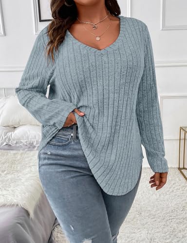 Image of Koscacy Women Plus Size Casual Knit Sweater V Neck Solid Color Tops Lightweight Long Sleeve Blouses