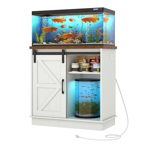 Image of Hlivelood Farmhouse 20 Gallon Fish Tank Stand with Power Outlet, Aquarium Stand w /Cabinet&Sliding Barn Door, Heavy Duty Reptile Tank Stand for Fish /Turtle /Reptile Terrarium, 1000LB Capacity, Rustic WH