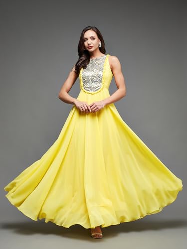 Image of Miss Chase Women's Round Neck Sleeve Embellished Fit Flare Maxi Dress