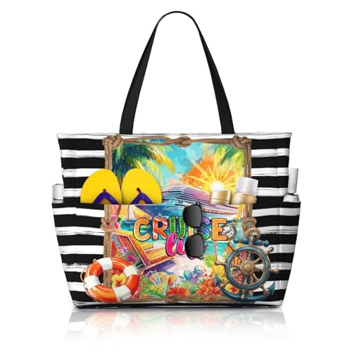 Amsnkee Beach Bag for Women Large Waterproof & Sandproof Tote with Zipper 7 Pockets Cruise Life Print Lightweight Foldable Travel Bag