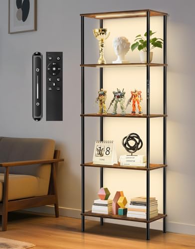 OUTONLIFE Librería Moderna de Madera con Luz LED, 5 Niveles, 60 x 30 x 170 cm, Estantería Regulable con Tacto y Control Remoto, Temporizador, para Sala, Dormitorio, Oficina (Rustic Brown)