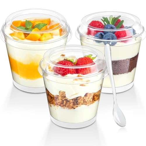 Qeirudu 50 Pack 6 oz Mini Dessert Cups with High Lids and Spoons, Small Plastic Cake Cups Round Shooter Cups for Serving Parfait Appetizer Pudding Fruit Ice Creams
