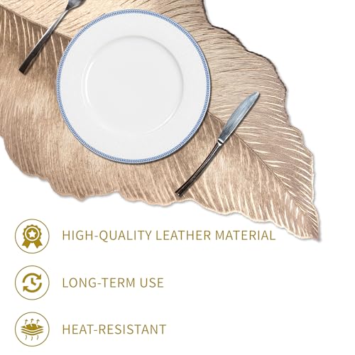 Image of Kuber Industries Soft Leather Dining Table Mat Set of 6 | Non-Slip Heat Resistant Placemats for Kitchen | Decorative Centre Table, Dinner Plate and Bed Side Mat | Emboss Leaf - Golden