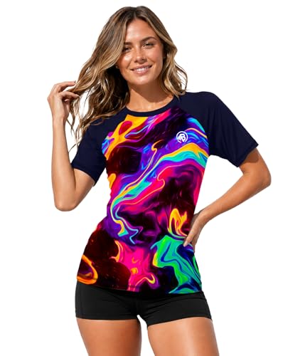 Image of AOBUTE Women Short Sleeve Rash Guard Gradient Sun Protection Swim Shirts