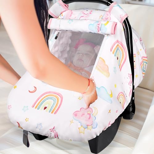 Image of Baby Carseat Cover Girls, Pea Pod Unicorn Infant Car Seat Covers Canopy for Newborn with 2 Layers Windows of Breathable Mesh /Fabric, Lightweight Polyester /Minky Dot Backing, Snug Fit