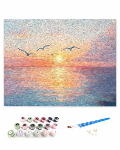 VamJump 数字油絵 手塗り 夕映えの海 カモメ 油彩 夢幻 自然 DIY絵 初心者 時間をつぶす 壁飾り アートクラフト 絵画手芸キッ 絵の具をつける 塗りつぶし掛け 50x50cm