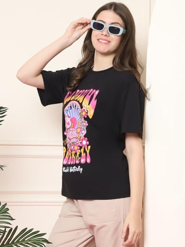 Image of Style Go Pure Cotton Oversized Baggy Fit Drop Shoulder Aesthetic & Cool Graphic Printed Half Sleeve Tshirt for Women || Trendy Tees || Casual Loose Korean T-Shirt