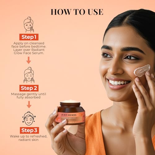Image of Just Herbs Radiant Glow Night Cream | For Firm & Radiant Skin | 72H Moisture Lock | Non-sticky Moisturiser | Saffron, Vitamin C, Niacinamide, Squalane | Clinically Tested - 50ml