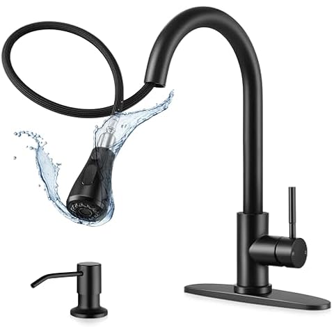 Herogo Black Kitchen Sink Faucet Set with Pull Down Sprayer and Soap Dispenser, Stainless Steel Rv Outdoor Kitchen Faucet for 1-3 Hole with Pop Up Drain, Deck Plate and Supply Hose Cover