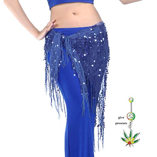 HMMJ Women's Belly Dance Triangle Hip Scarf Belly Dancer Costume Tassel Sequin Wrap Skirt Waistband for Fitness Body, Dance Sports (Color : Navy blue)