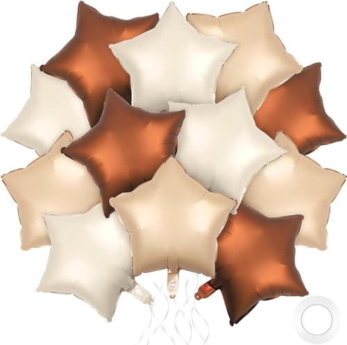 Image of Atpata Funky Boho Theme Foil Balloons - White Sand, Nude Cream, Tan Brown Caramel Shades - Stars and Hearts Shape - for Weddings, Birthdays, Baby Showers, and Party Decorations (12pcs, Stars)