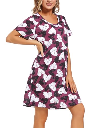 Image of ENJOYNIGHT Womens Cotton Nightgown Short Sleeve Sleepshirt Print Nightshirt | Short-Sleeve Crew Neck, Soft Cotton Fabric, Cartoon Printed Sleep Shirt, Loose Fit