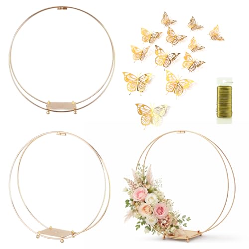 3 Pack 14 Inches Metal Double Floral Hoop Centerpieces with Stand and 38-Yard Paddle Wire Craft Centerpiece Table Decorations Wedding/Baptism/Party/Centerpiece DIY Metal Ring Table Décor, Gold