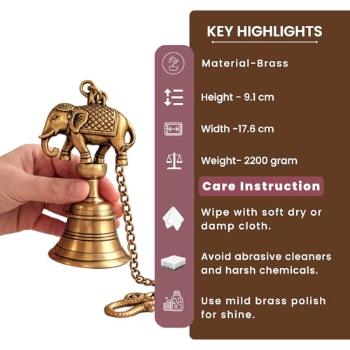 Image of ExclusiveLane 'Sacred Elephant' Brass Decorative Hanging Bell (100% Pure Brass, Set of 2, 63.6 Cm, 1.1 Kg, Hand-Etched) | Brass Bells for Mandir Hanging Bells for Pooja Room Temple Bells for Mandir
