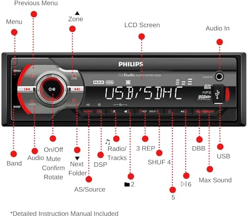 PHILIPS Digital Media Car Stereo Receiver Audio System AM/FM Radio Dual USB Port, SD, AUX in and Built-in Microphone, Built in 50W x4 Amp, Hands Free Calling and Music Streaming - Image 3