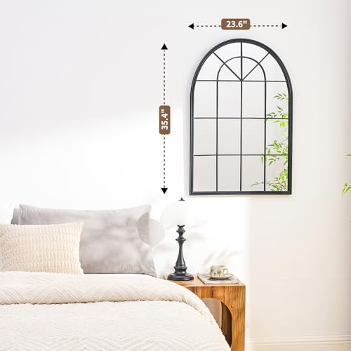 Image of Window Mirrors for Wall Decor - Large Black Farmhouse Arched Window Pane Mirror for Wall Decor Living Room,Wall Mounted Mirror for Entryway, Fireplace,Dining Room,Bedroom,36 inchX24 inch Metal Framed
