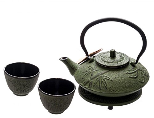 New Star International T8090 Cast Iron Bamboo Tea Set with Trivet, 27 Ounce, Green