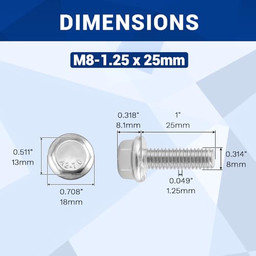 Image of M8-1.25 x 25mm Serrated Flange Hex Bolts + Flange Nut + Flat Washer + Lock Washer Combo Pack, 304 Stainless Steel 18-8, for Automotive & Machinery, 16 Sets