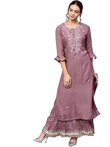 Image of ishin Women's Rayon Burgundy Embellished A-Line Kurta set With Skirt