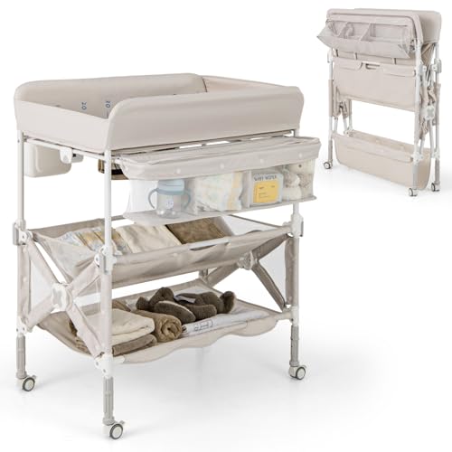 Image of HONEY JOY Changing Table, Foldable Baby Mobile Nursery Organizer w/Wheels, Adjustable Heights, Storage Bag & Shelves, Waterproof Diaper Changing Station Dresser, Portable for Newborn Infant (Beige)