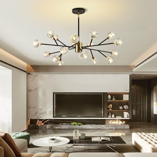 KoKo&Yukina 18-Lights Sputnik Chandeliers Mid Century Modern Black and Gold Chandelier Sputnik Light Fixture Crystal Branch Chandelier for Dining Room Bedroom Living Room (18 x Warm White Bulb Incl.)