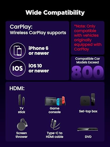 Image of 2-in-1 Wireless CarPlay Adapter & Car TV Mate Pro 2026 [Metal & Glass Case] Convert Wired to Wireless Car Play with HDMI Input for TV Stick, Screen Mirroring & Streaming, Fit for 2016+ Cars -Black