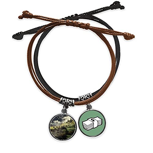 Pulsera de cuero Aldea Colina con paisaje de bosque de niebla y cordon ajustable