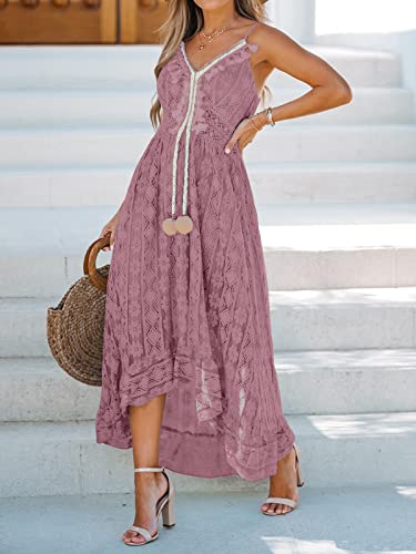 Image of CUPSHE Womens Lace Summer Maxi Dresses 2026 Beach Wear | V Neck Spaghetti Straps Sundress, Tassel, Boho Pom Poms, Flowy Vacation Outfits, Resort Wear, Graduation Wedding Guest Looks