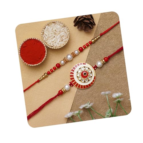 Image of eCraftIndia Set of 2 Green & Golden Shri Krishna and Radha Krishna Playing Flute Designer Religious Rakhis | Roli Chawal Pack | Rakhi for Brother