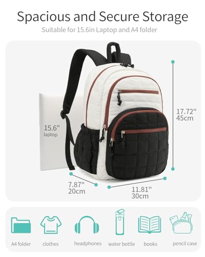 Image of Bookbag for Women, Teen Girls Backpack for High School College Student, Puffer Quilted Back Pack Cute Laptop Backpack for Work Travel Mom Casual Daypack, Beige Black Brown