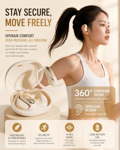 Image of D300 OWS Open Ear Wireless Earbuds with BT v6.0, ENC Mic for Calling, 50hr Playtime with Type C Fast Charging, Low Latency Gaming, Ideal for Running, Cycling and Gym, Dust & Waterproof. Beige