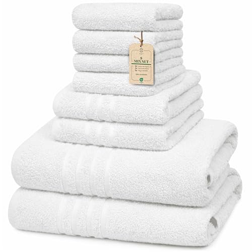 HomeBurg Core Set de Toallas 8 Mix - Pequeñas (30×30 cm), Medianas (40×60 cm) & Grandes (60×135 cm) - Suaves, Absorbentes & Confortables, Blanco