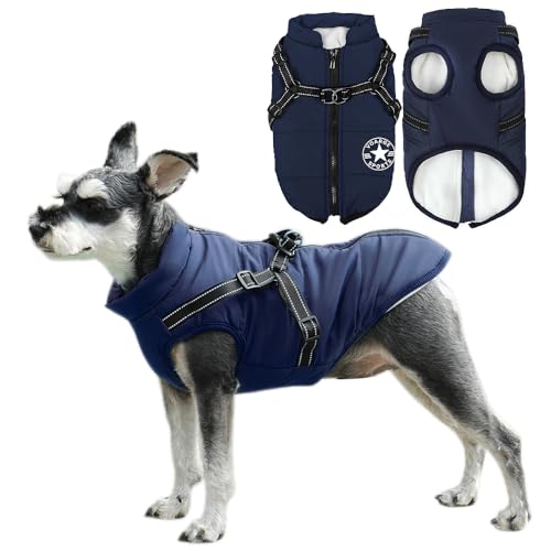 Voarge Veste d'hiver pour Chien, Manteau pour Chien avec Harnais,Imperméable, Lavable en Machine,Design de Bandes réfléchissantes, Anneau en D Durable (Bleu, 3XL)