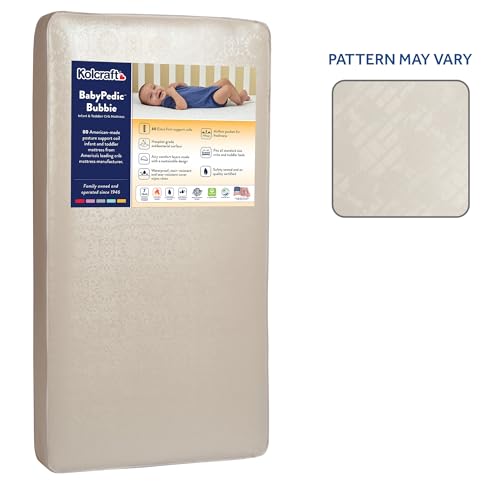 Image of Kolcraft BabyPedic Bubbie Waterproof Crib and Toddler Mattress, Extra-Firm Coil Support, Breathable Comfort, Non-Toxic, GREENGUARD Gold Certified, Made in USA, 52x28, Natural