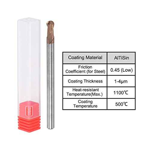 Image of uxcell Ball Nose End Mill 2mm Tip Radius Solid Carbide AlTiSin Coated CNC Router Bits 2 Flute Spiral Milling Cutter HRC55 with 4mm Shank 100mm (4-inch) Length