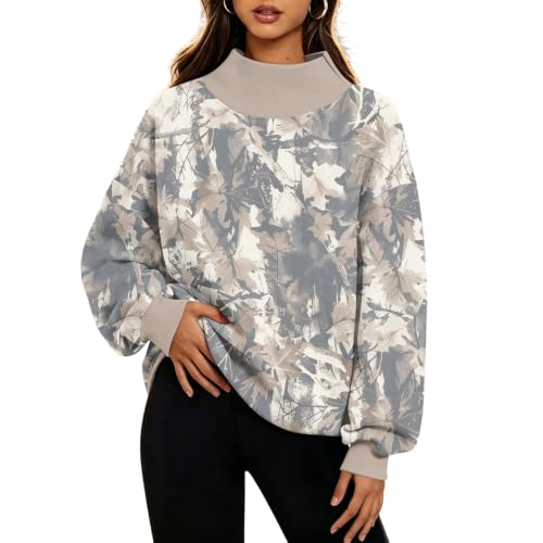 Women Mock Neck Sweatshirt Maple Leaf Print Ribbed Cuffs Side Slit Clothing - image 2