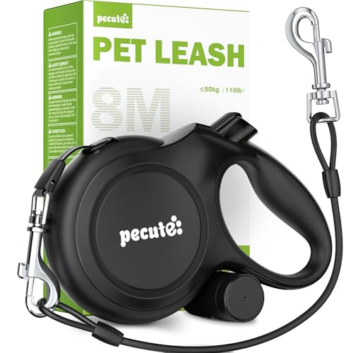 Pecute Guinzaglio per Cani Allungabile 8 metri con Corda Anti-morso da 46 cm, Guinzagli Retrattili con Sacchetti Igienici e Porta Sacchetti|Per Passeggiate/Addestramento/Pioggia, fino a 15-50 kg, Nero