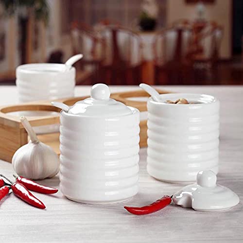 Deayou DE-CONDIMENTJAR-CER-TS-W-3P 3 Pack Porcelain Condiment Jar With Lid And Spoon, Ceramic Salt And Pepper Containers With Bamboo Wood Tray, White Pottery Seasoning Box Pot Sugar Bowls thumb #7