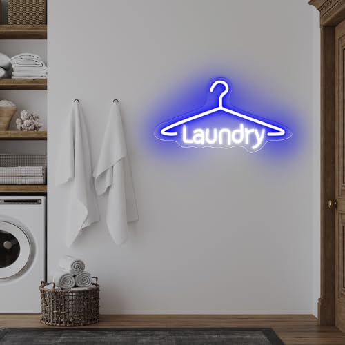 Image of Laundry Neon Sign Laundromat Led Neon Sign Washing Machine LED Light | USB Powered Neon Sign For Laundry Room Laundry Wall Art Laundry Room Decors 16.5 inchx9.1 inch, Blue+White