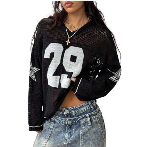 Women's Graphic Sweater Y2k Tops Hollow Out Crochet Jersey Shirts Oversized Tee 90s Pullover V Neck Fall Outfit2