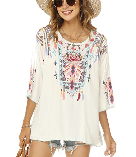 Vakakado Bohemian Mexican Embroidered Tops For Women Traditional Boho Peasant Shirts 3/4 Sleeve V Neck White Womens Casual Hippie Clothing Tunic Blouse #TOP3