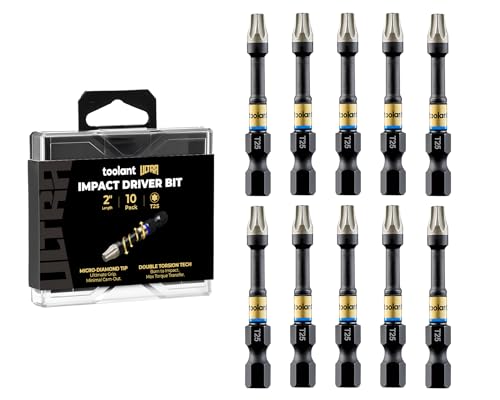 Image of toolant T25 2 inch Impact Torx Bits, 1 /4 inch Hex, S2 Steel, 10-Piece Set | Diamond-coated CNC tips grip screw heads, while strengthened magnets hold screws in tight spaces.