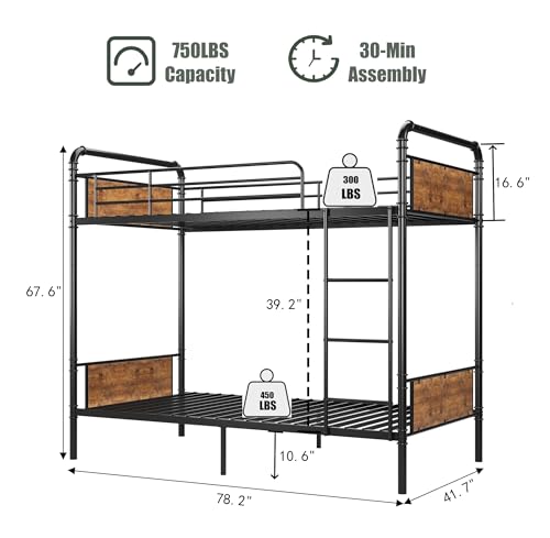 GAOMON Bunk Bed Twin Over Twin,Metal Bunkbeds with Ladders & 16.6" Safety Guardrail,Twin Bunk Beds for Kids,Adults and Small Spaces,No Box Spring Needed,Black