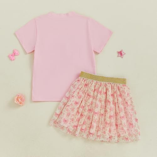 Image of Kayotuas Toddler Girl Summer Outfits Bow Embroidery Short Sleeve T-shirt and Sparkle Tutu Skirt Cute Sister Matching Dresses