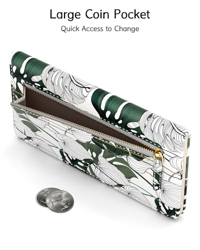 Image of Nipichsha Womens Wallet, RFID Slim Wallets for Women, Thin Ladies Credit Card Holder Purse, Cute Leather Bifold Clutch Billfold with 11 Card Slots & ID Window, Monstera Deliciosa