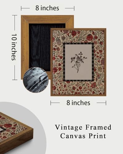 Image of KISSFOX Vintage Framed Wall Art Decor Rustic Flowers Birds Pictures Wall Decor Botanical Floral Canvas Art Prints Red Natural Farmhouse Paintings Artwork For Bedroom Kitchen Living Room